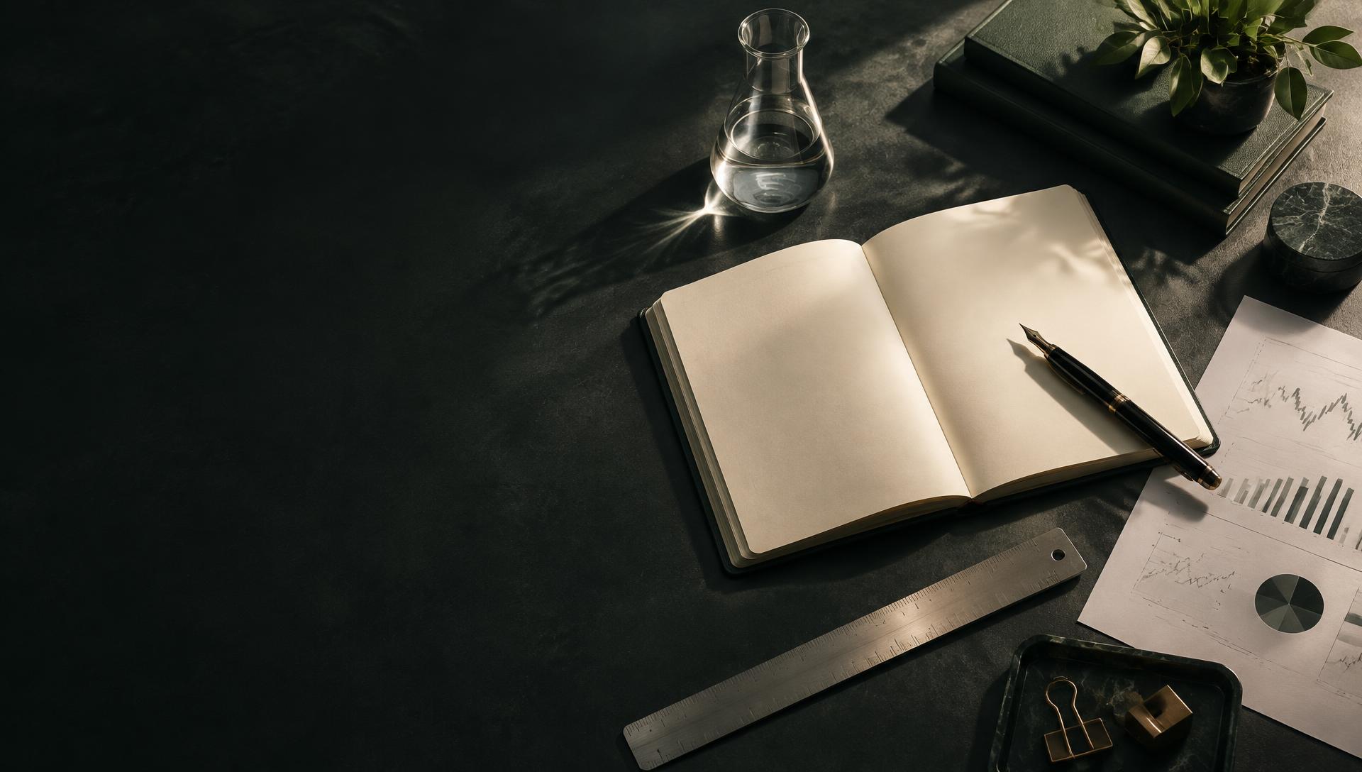 Notebook, financial papers, and laboratory glassware on a dark desk